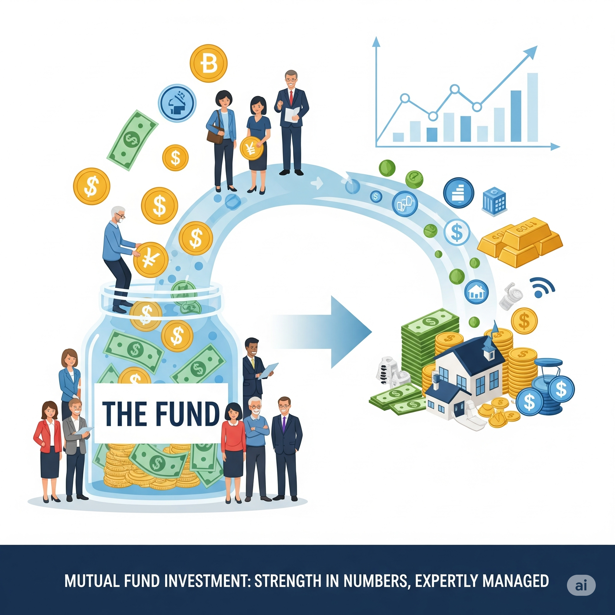 Infographic showing money being pooled into a mutual fund and then invested